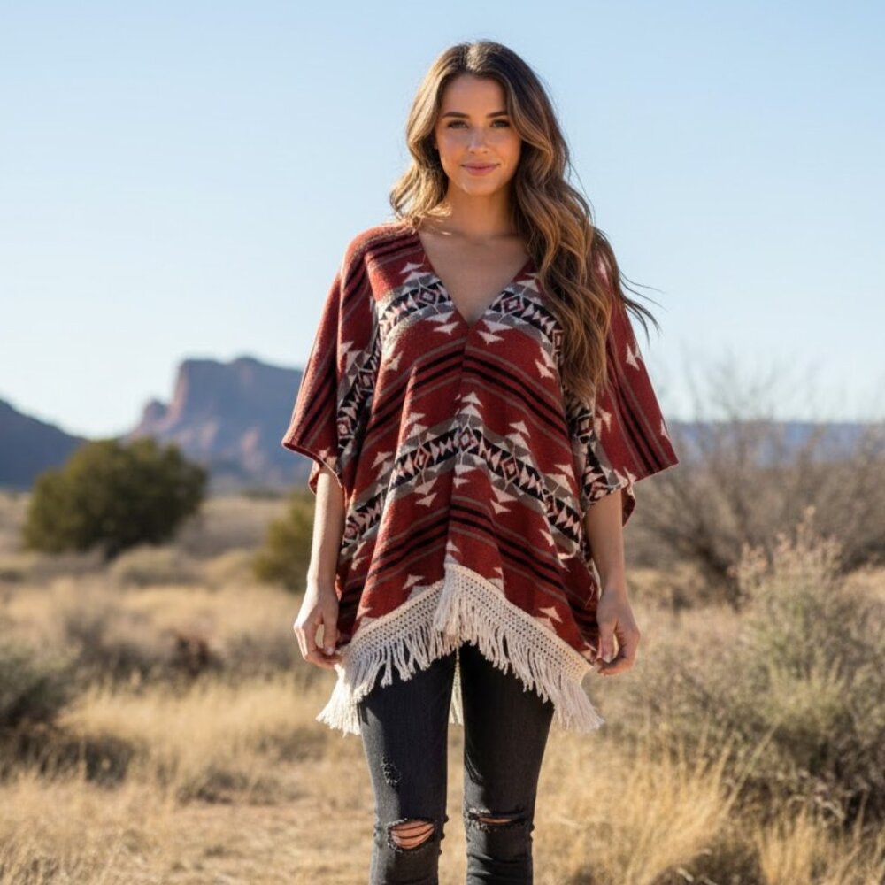 MAUVE Southwest Boho Fringe Sweater Cardigan